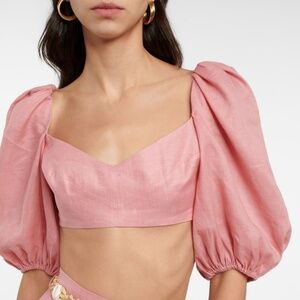 Zimmermann $350 Jeannie Rose Pink Linen Back Bow Puff-Sleeve Top 0 XS 0-4